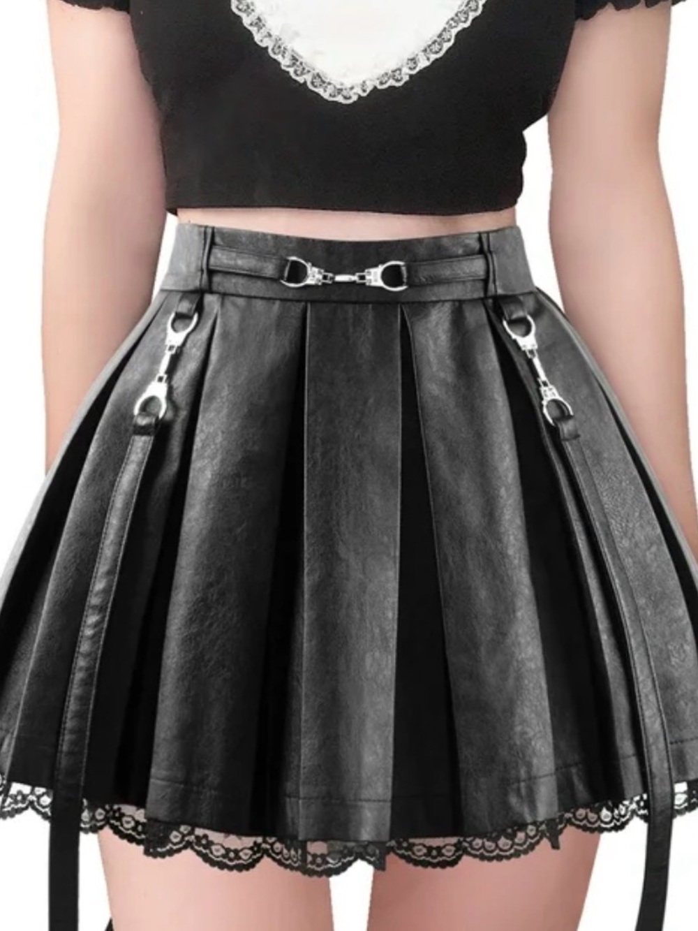 LittleForBig Women Pleated Faux Leather Flared Mini Skirt Troublemaker Black LG